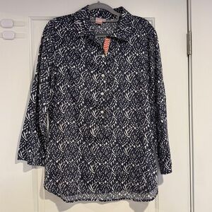 Persifor Printed Tunic Shirt Women’s XL Navy White Button Front 100% Cotton